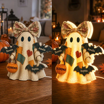 Personalized Grandma Ghost Acrylic Light Box, Patchwork Design with Bats, Unique Halloween Gift for Grandma