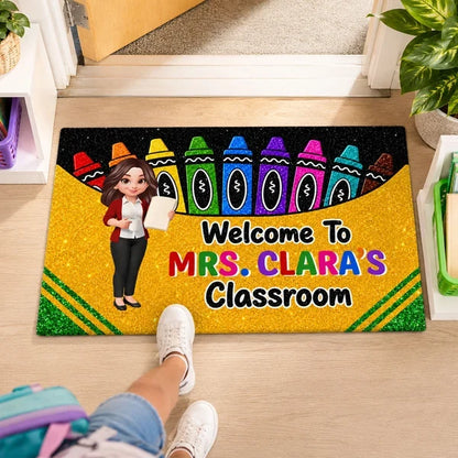 Personalized Standard Doormat, Cartoon Teacher & Bright Crayons, Unique Gift for Classroom Entry