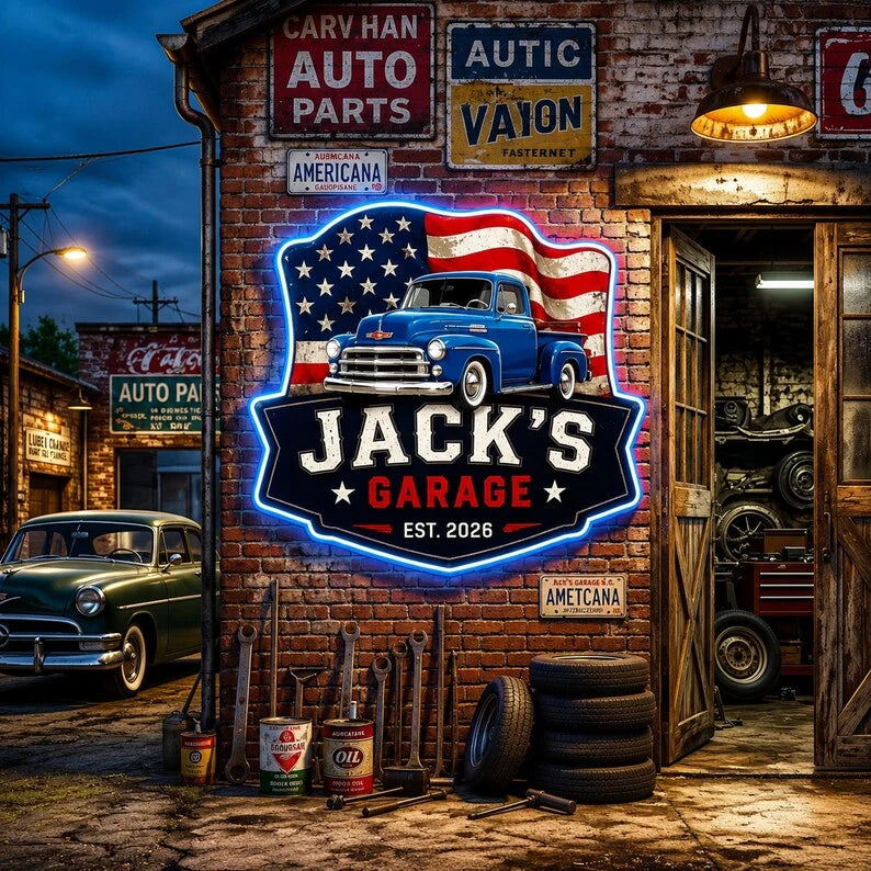 Personalized Photo Garage Neon Sign with Vintage Truck & American Flag, Upload Your Photo, Custom Gift for Car Lovers