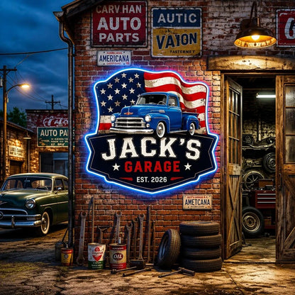 Personalized Photo Garage Neon Sign with Vintage Truck & American Flag, Upload Your Photo, Custom Gift for Car Lovers