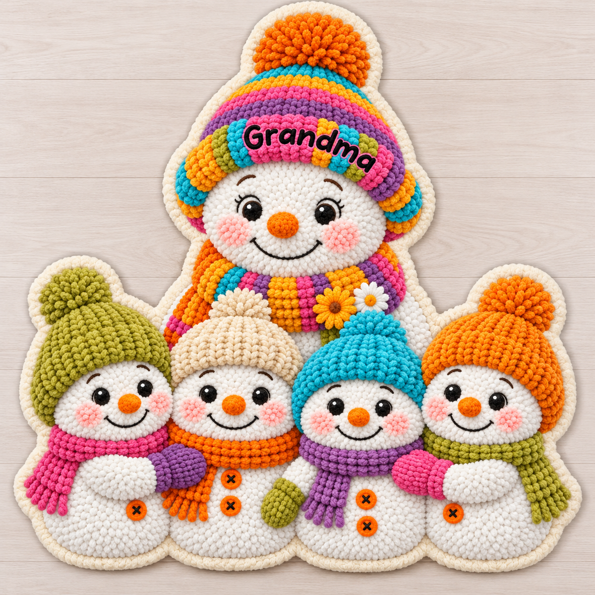 Personalized Shaped Doormat with Colorful Snowman Family, Unique Winter Gift for Grandma