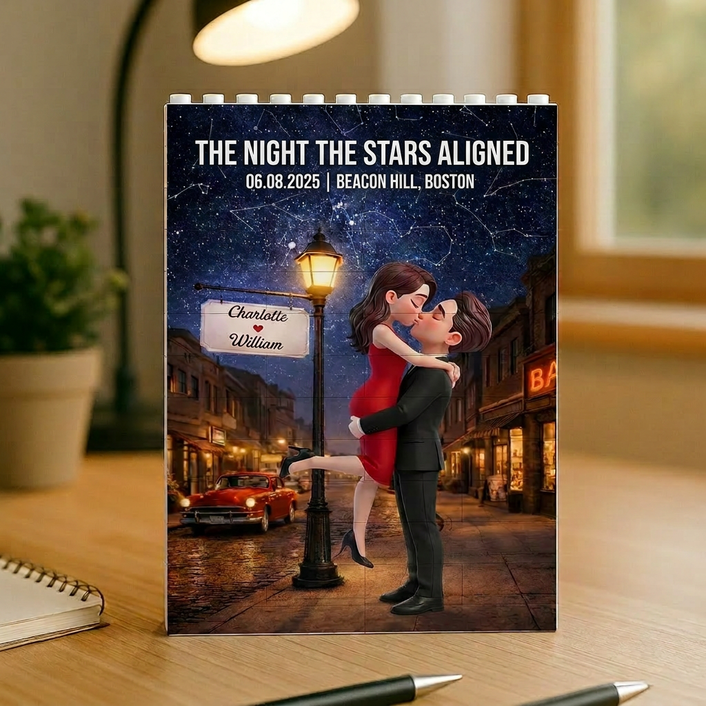Personalized Building Brick Puzzle With Kissing Couple, Starry Night Unique Creative Gift for Couple