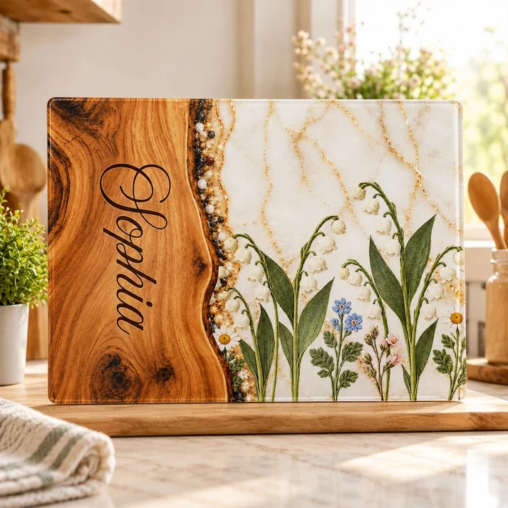 Personalized Tempered Glass Cutting Board, Warm Birth Flower Design, Unique Botanical Gift for Her