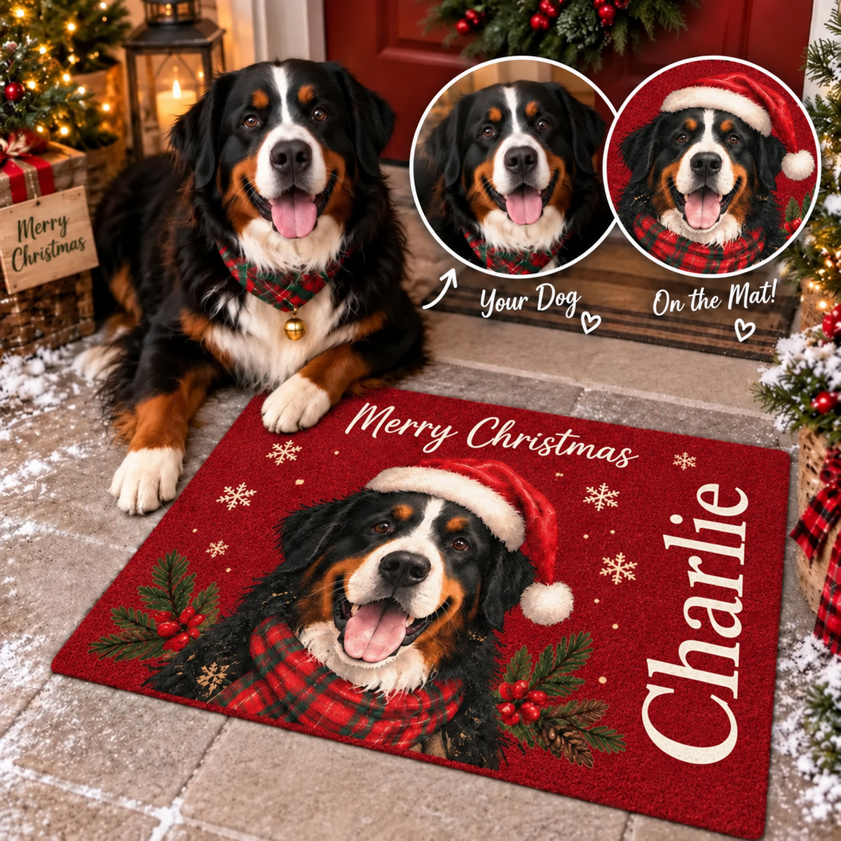 Personalized Standard Doormat with Festive Dog Design, Merry Christmas Decor, Unique Gift for Dog Lovers