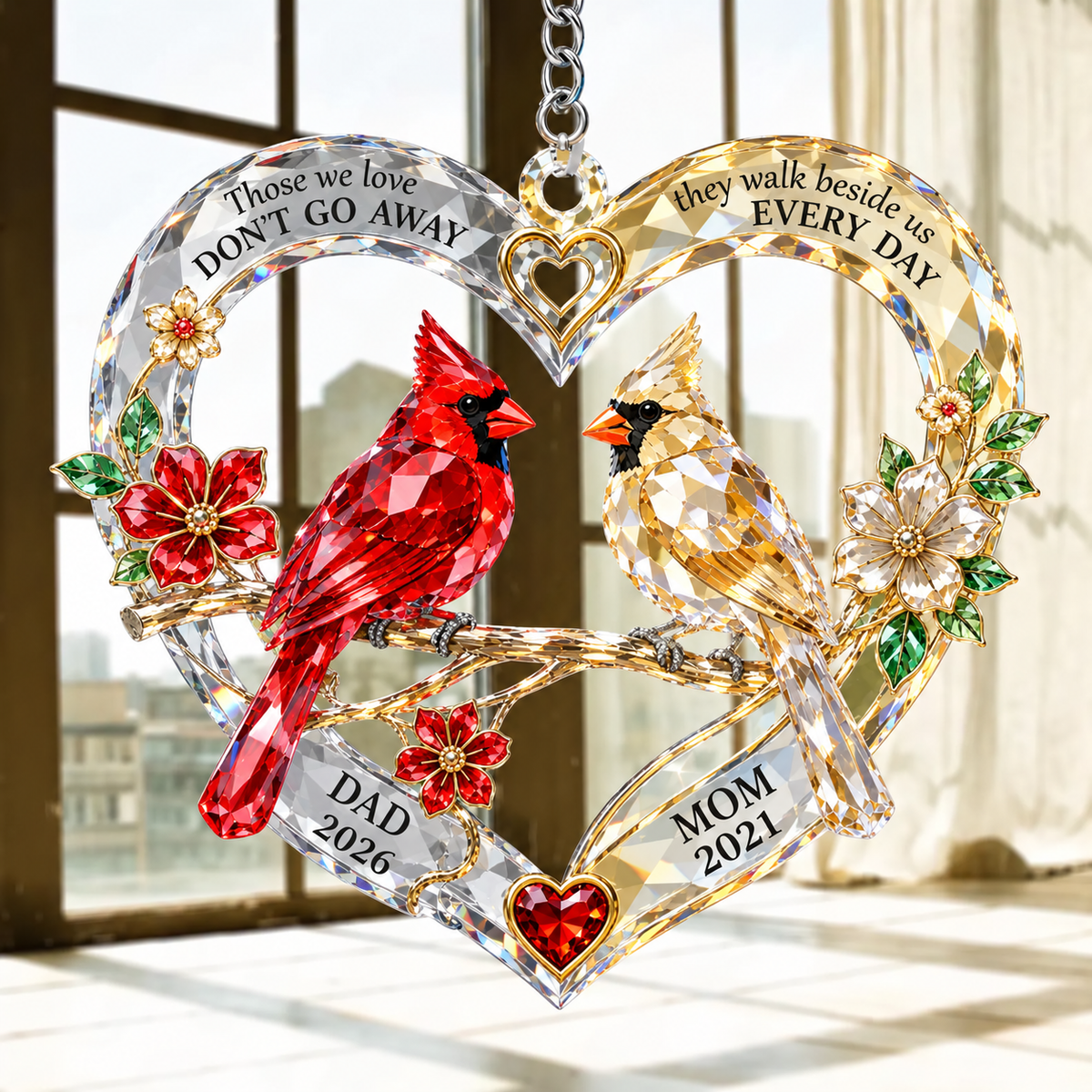 Acrylic Ornament with Perched Cardinals, Remembrance Quote, Sunlit Window Decor, Creative Personalized Gift