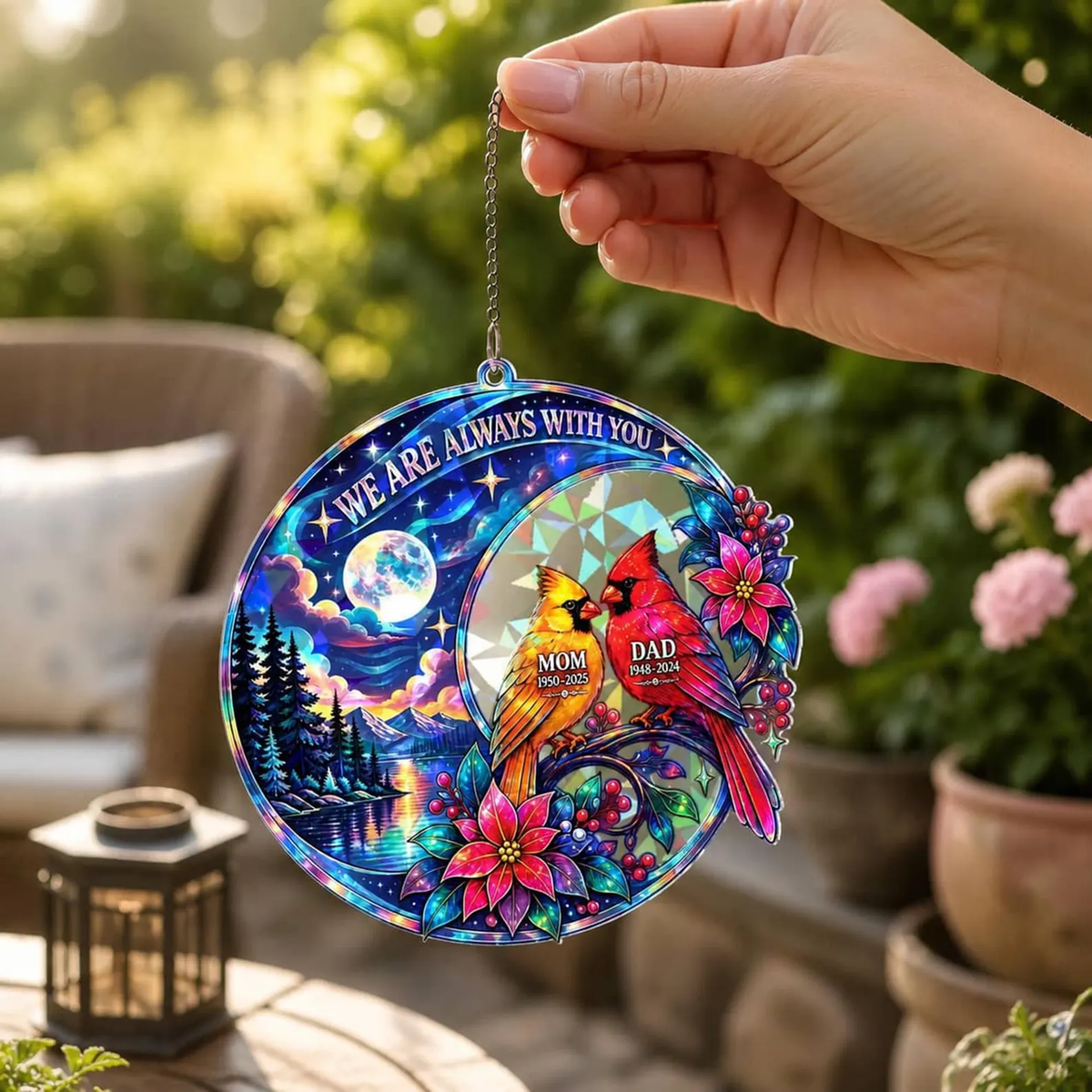 Personalized Acrylic Ornament, Cardinal Parent Memorial by a Moonlit Lake, Unique Gift for Family