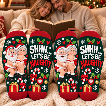 Personalized Crew Socks, Playful Santa Couple in Festive Red and Green, Creative Gift for Couples