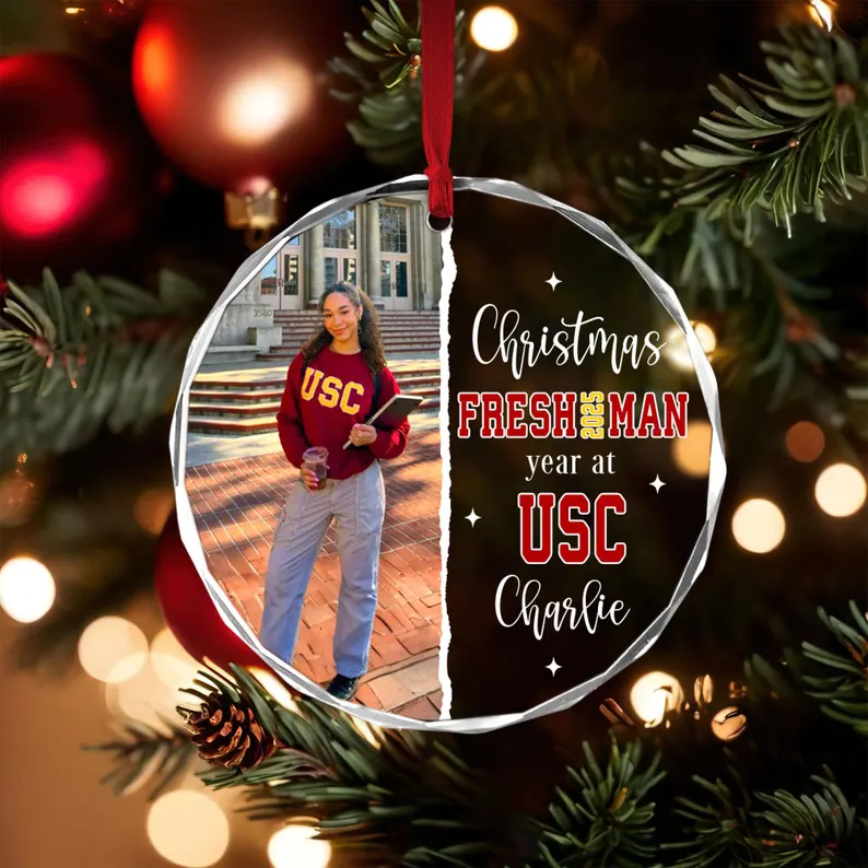 Personalized Crystal Ornament, College Student Standing on a Sunlit Campus, Unique Christmas Gift for Students