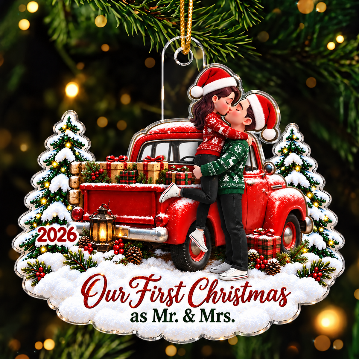 Personalized Acrylic Ornament, Kissing Newlyweds by a Red Truck, Unique Christmas Gift for Couple