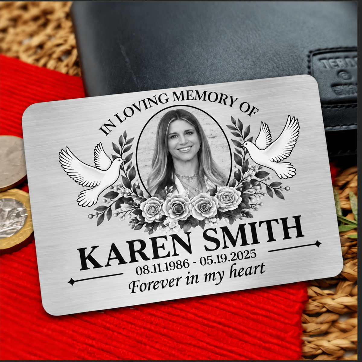 Forever in My Heart Personalized Metal Wallet Card, Creative Memorial Gift with Floral Portrait for Loved Ones