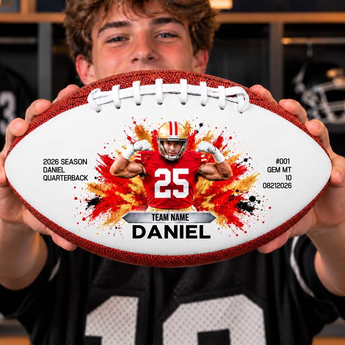 Personalized Leather Football with Flexing Player Art, Unique Gift for an American Football Player