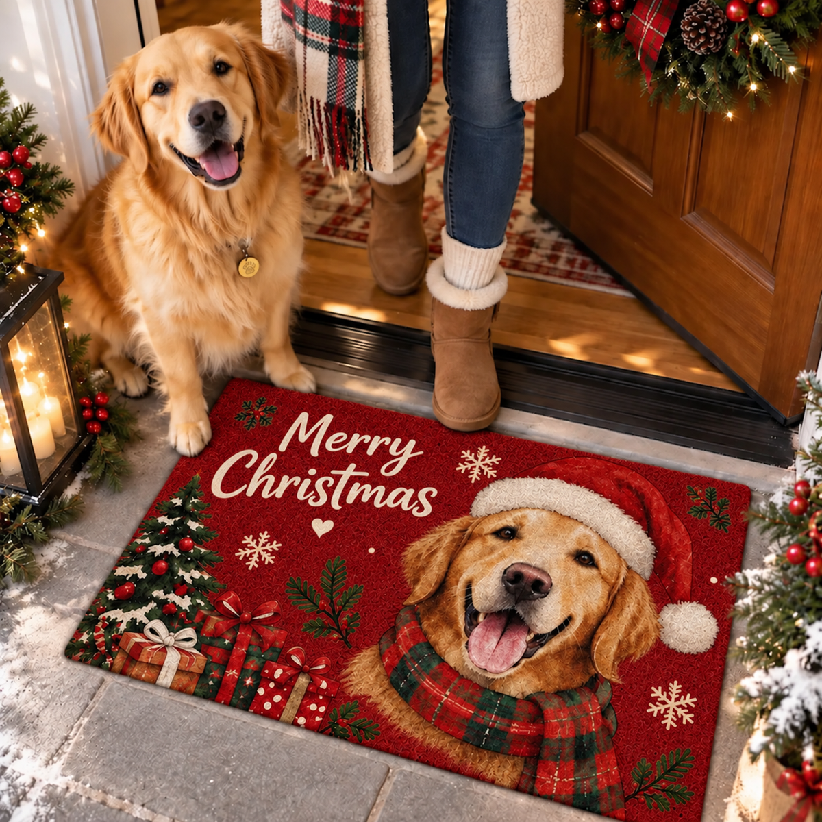 Personalized Standard Doormat with Festive Dog Design, Merry Christmas Decor, Unique Gift for Dog Lovers