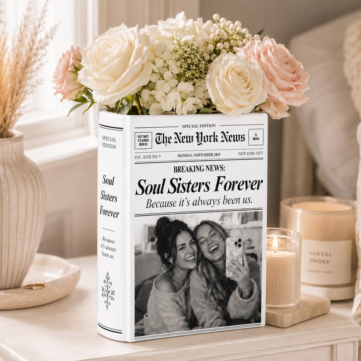 Personalized Ceramic Book Vase, Smiling Best Friends Selfie in Newspaper Style, Unique Soul Sister Gift
