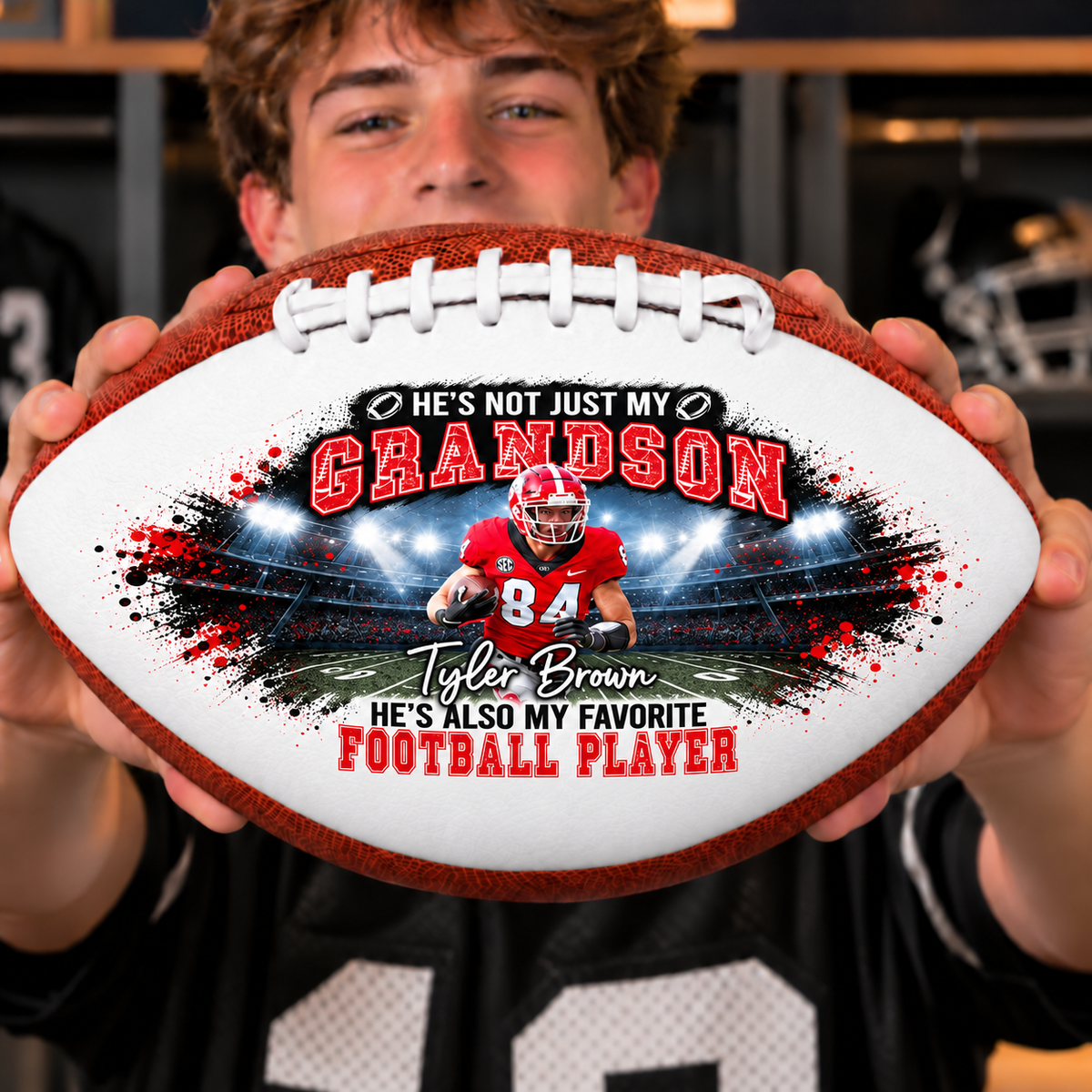 Personalized Leather Football with Running Grandson Stadium Art, Unique Creative Gift for Grandparents