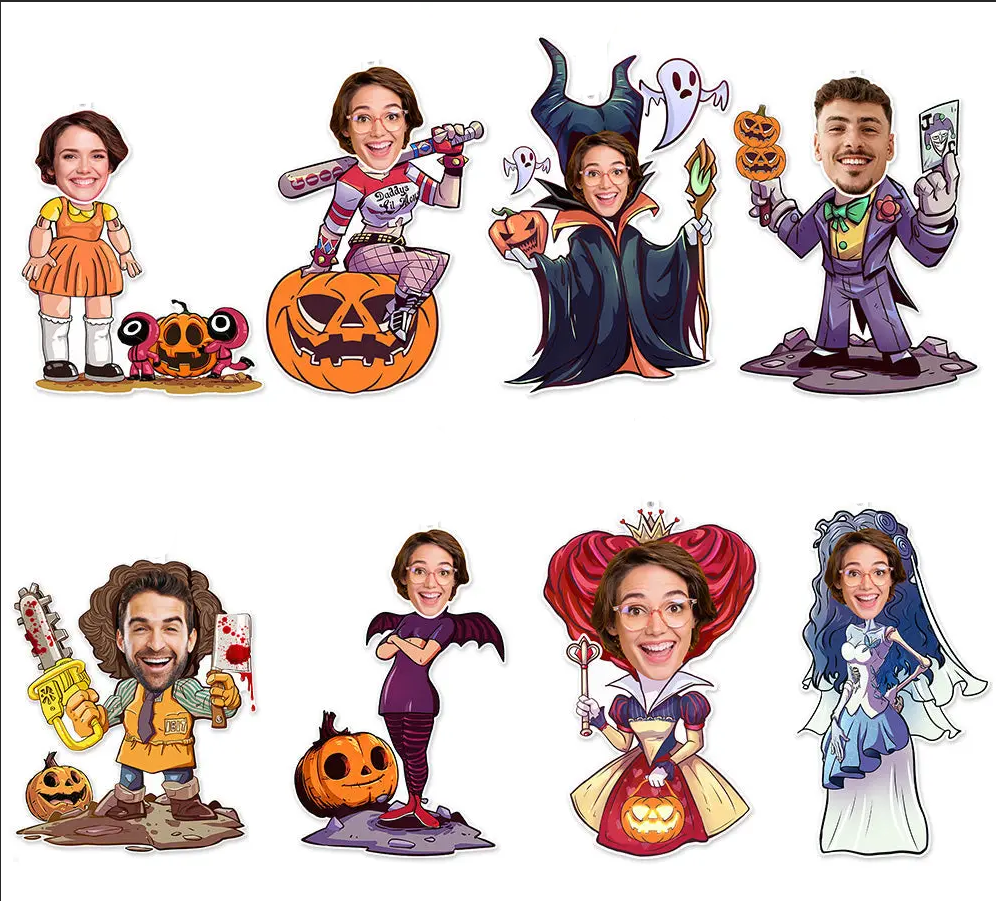 Personalized Halloween Sticker Decal, Costumed Characters Posing with Pumpkins and Ghosts, Creative Gift for Kids