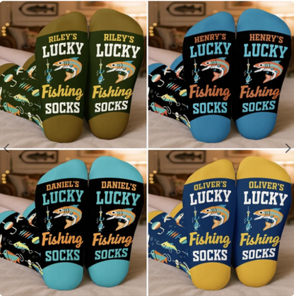 Personalized Lucky Fishing Crew Socks, Bold Fish & Lure Design for Relaxing at Home, Unique Gift for Anglers