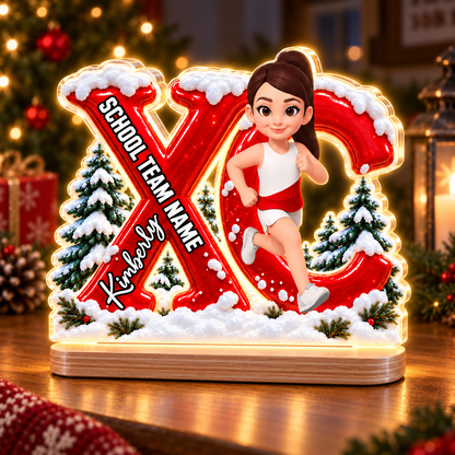 2-Layer Wooden Plaque, Personalized Running Athlete Keepsake in a Snowy Christmas Scene, Creative Team Gift