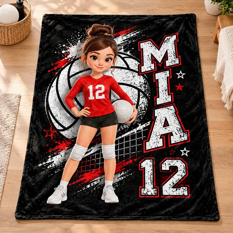 Volleyball Fleece Blanket, Personalized Red & Black Athlete Art, Creative Gift for Players Who Love the Game