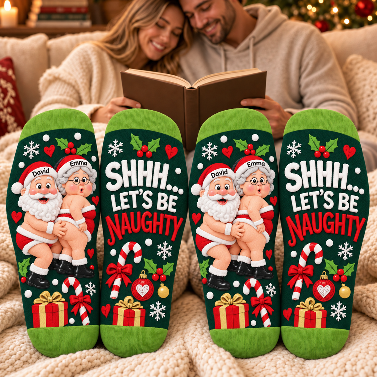 Personalized Crew Socks, Playful Santa Couple in Festive Red and Green, Creative Gift for Couples