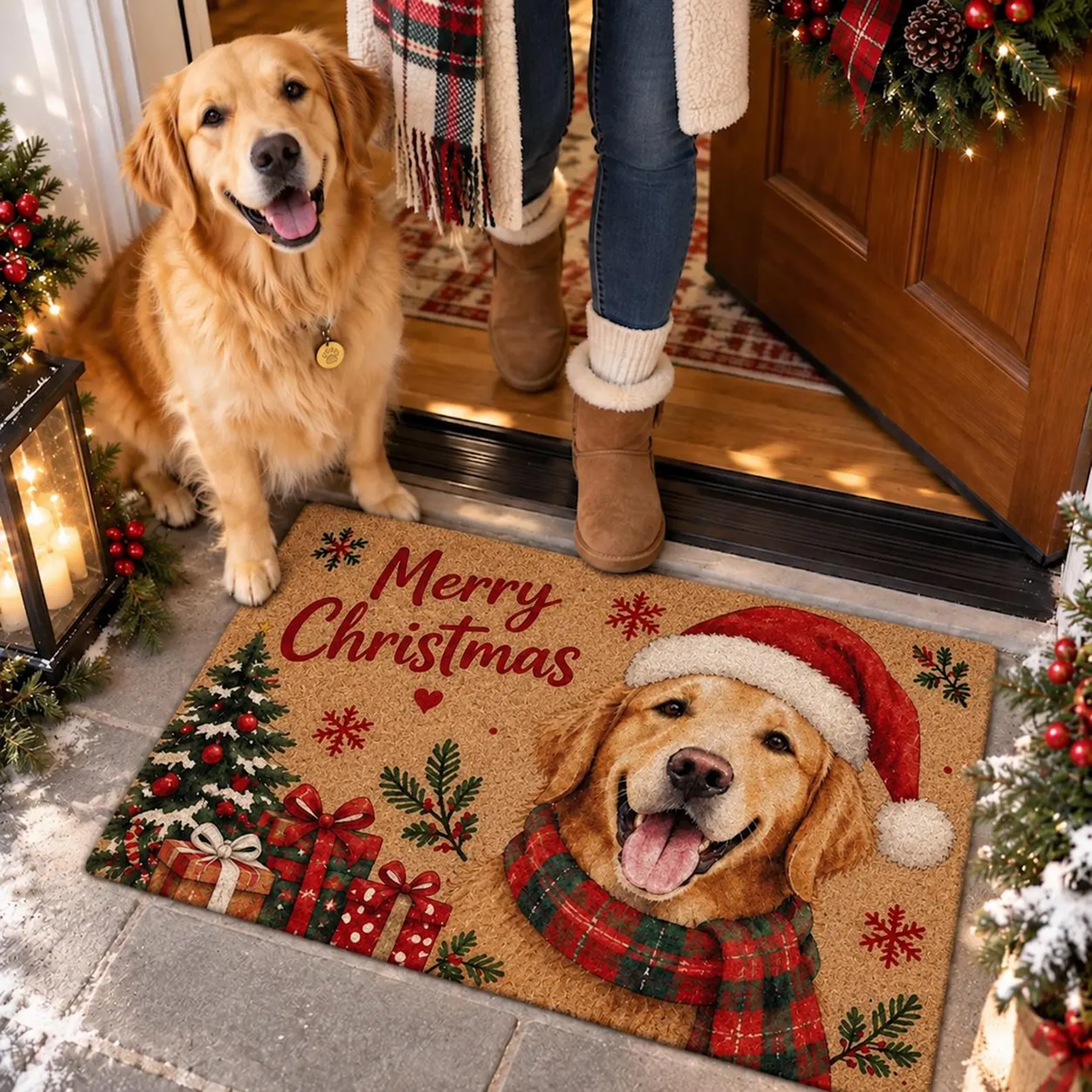 Personalized Standard Doormat with Festive Dog Design, Merry Christmas Decor, Unique Gift for Dog Lovers