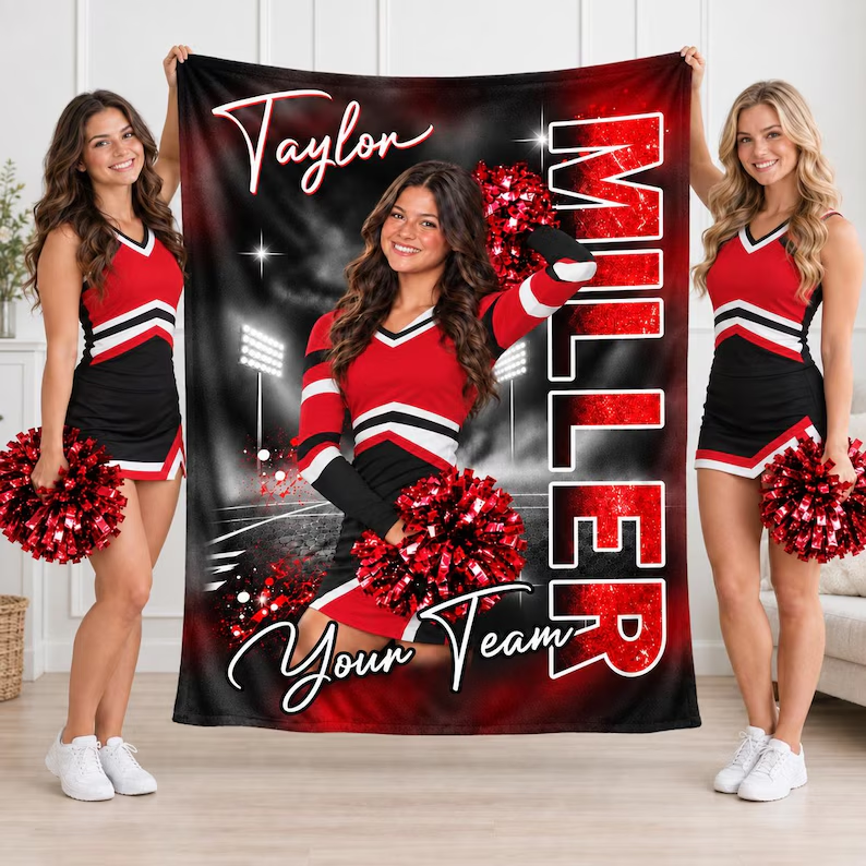 Fleece Blanket, Personalized Cheerleader Posing in a Stadium, Heartfelt Creative Gift for Daughter or Teammate