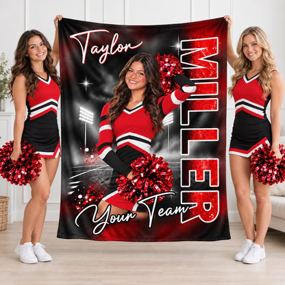 Fleece Blanket, Personalized Cheerleader Posing in a Stadium, Heartfelt Creative Gift for Daughter or Teammate