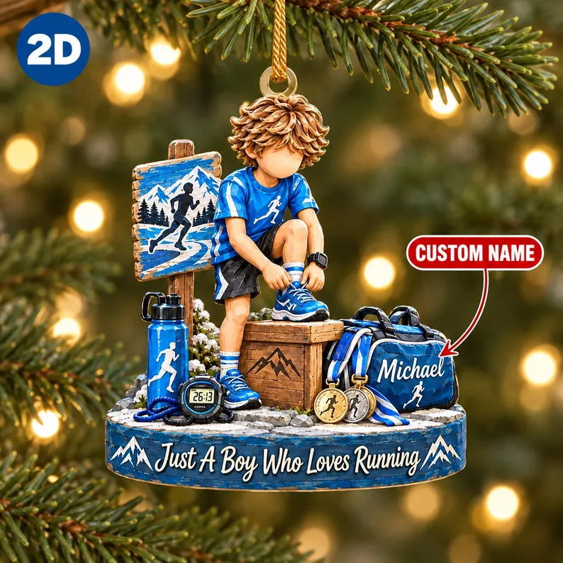 Wooden Ornament, Just a Boy Who Loves Running, Personalized Keepsake, Creative Gift for Young Runners