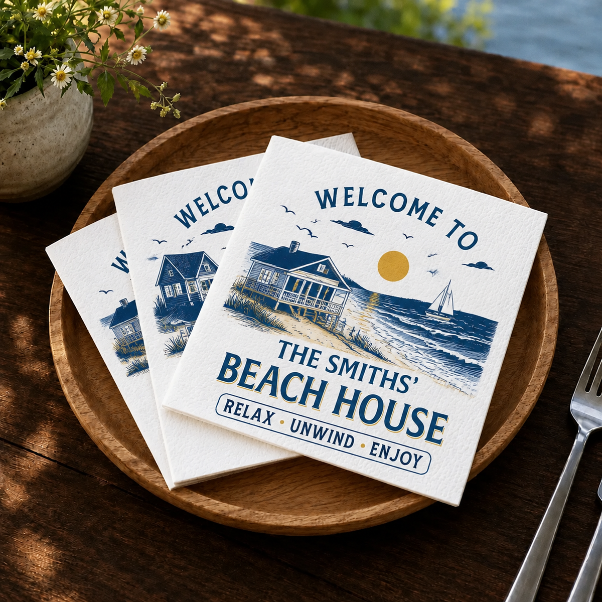 Personalized Family Name Napkins – Beach House, Cabin & More, 7 Charming Designs for Hosting & Housewarming Gifts