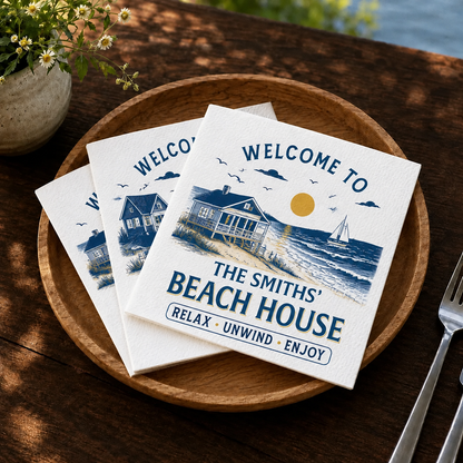 Personalized Family Name Napkins – Beach House, Cabin & More, 7 Charming Designs for Hosting & Housewarming Gifts