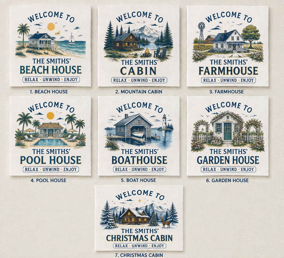 Personalized Family Name Napkins – Beach House, Cabin & More, 7 Charming Designs for Hosting & Housewarming Gifts