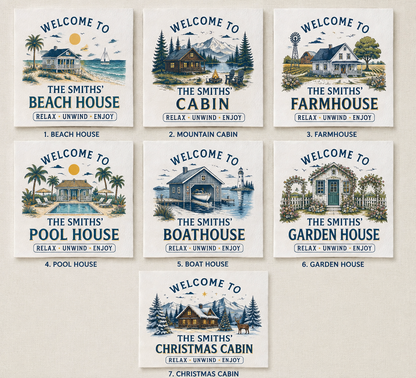 Personalized Family Name Napkins – Beach House, Cabin & More, 7 Charming Designs for Hosting & Housewarming Gifts