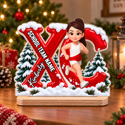 2-Layer Wooden Plaque, Personalized Running Athlete Keepsake in a Snowy Christmas Scene, Creative Team Gift