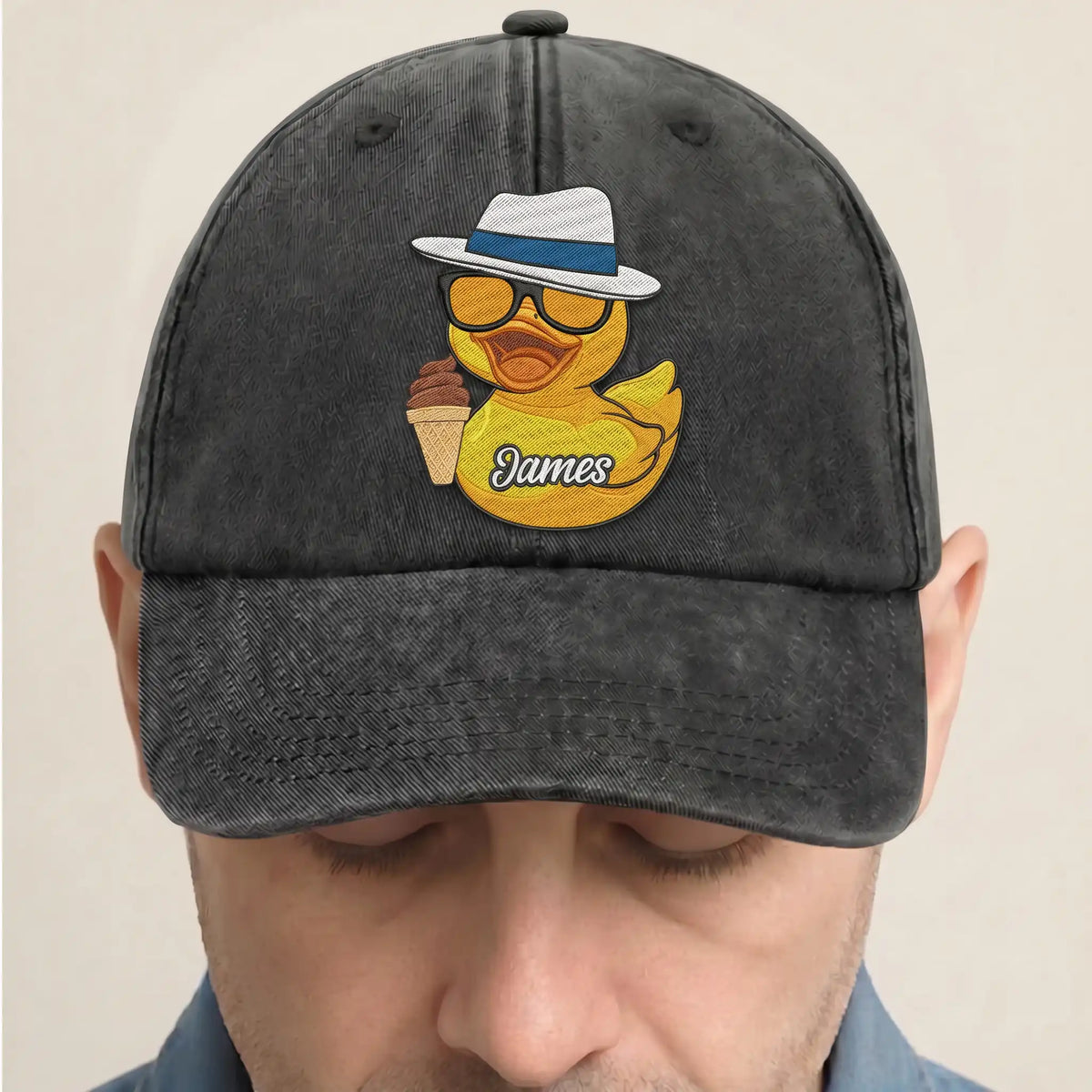 Washed Denim Baseball Cap with Cool Duck Ice Cream Patch, Fun Casual Style, Unique Creative Gift for Him or Friends