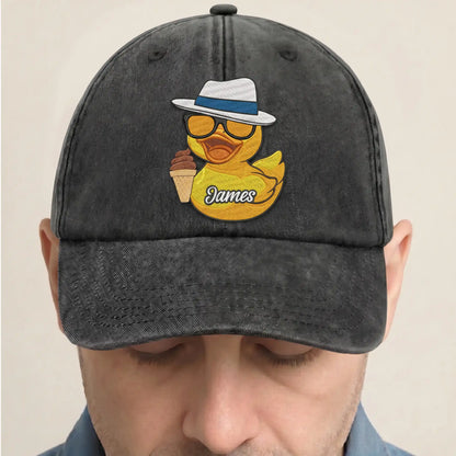 Washed Denim Baseball Cap with Cool Duck Ice Cream Patch, Fun Casual Style, Unique Creative Gift for Him or Friends