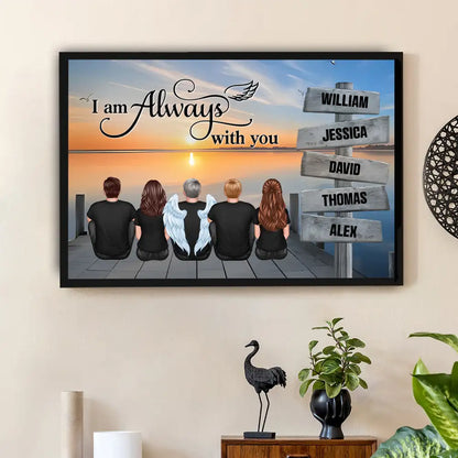 “I Am Always With You” Memorial Poster – Custom Family & Angel Wings, Sunset Dock Scene