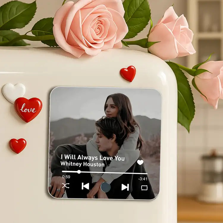 “Our Love Song – Custom Acrylic Music Magnet with Photo & Spotify-Style Player, Romantic Gift for Couples”