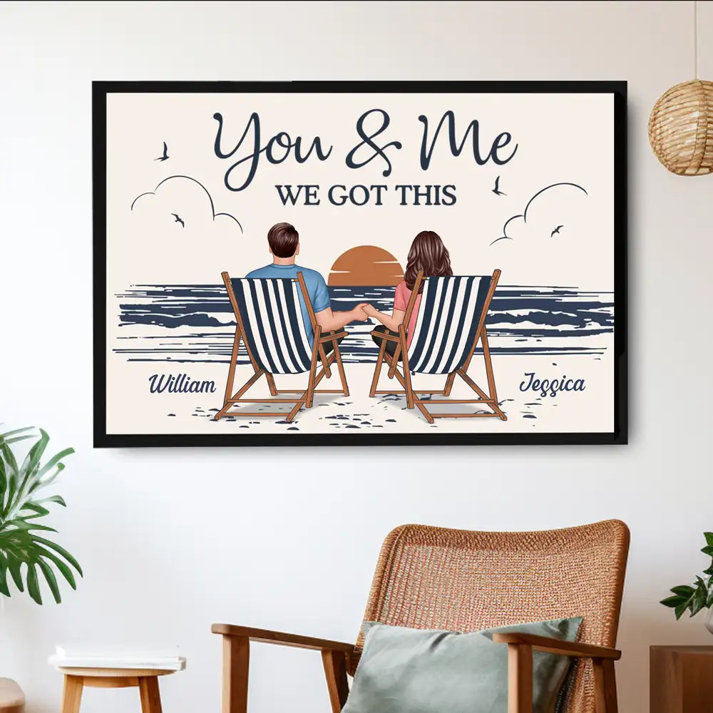 "You & Me We Got This – Custom Line-Art Poster with Sunset Beach Scene"