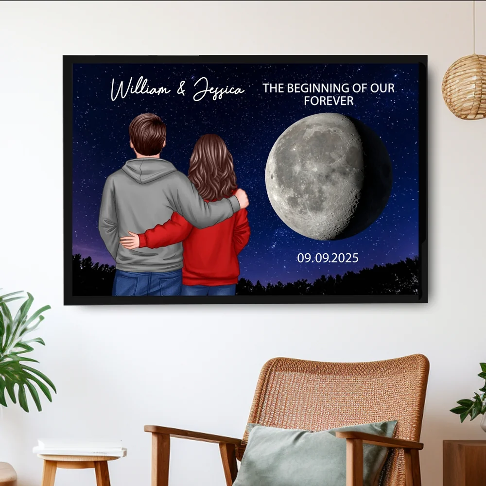 Poster with Couple Back View and Moon Design, Romantic Keepsake and Perfect Gift Choice