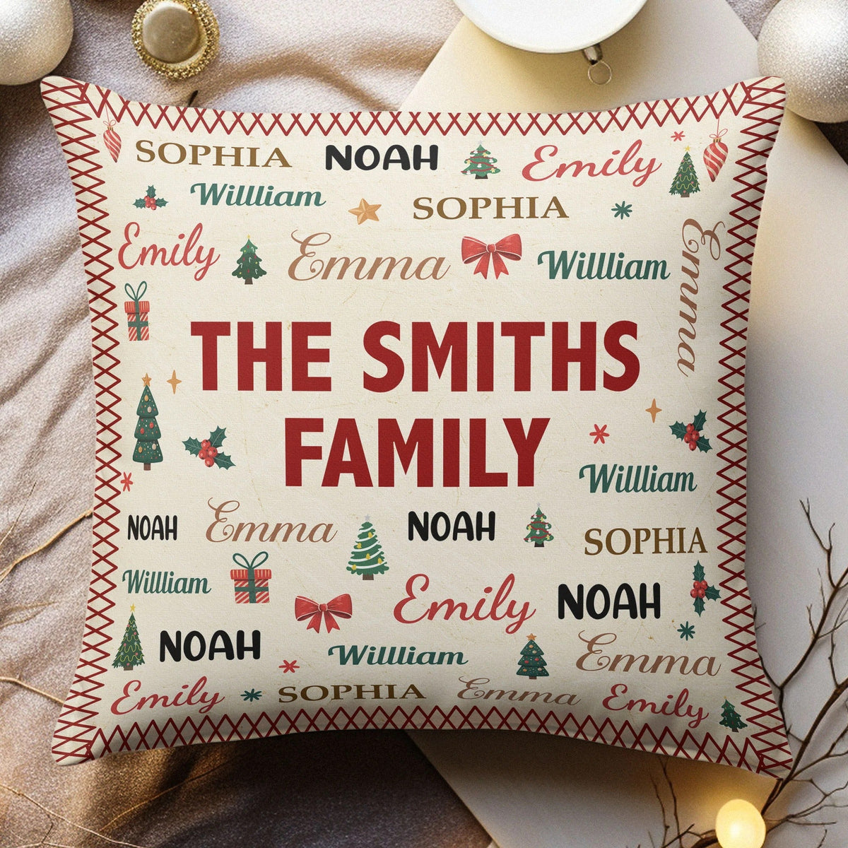 Personalized Family Name Square Pillow with Names All Over, Festive Accent Cushion, Unique Gift Idea for Cozy Home Decor