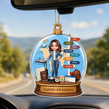 Personalized Acrylic Ornament, Blue Illustrated Woman Traveler with Luggage and World Map, Unique Gift for Travel Lovers