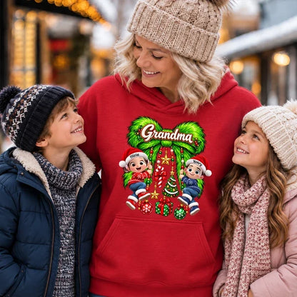 Personalized Sweatshirt with Grandkids on a Green Christmas Bow, Unique Gift for Grandma