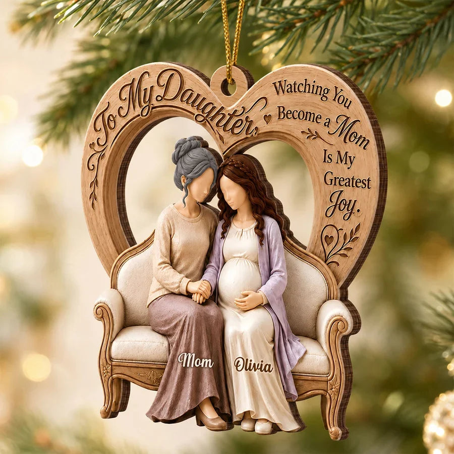 Personalized Wooden Ornament, Mother and Pregnant Daughter Holding Hands, Unique Gift for Expecting Mom