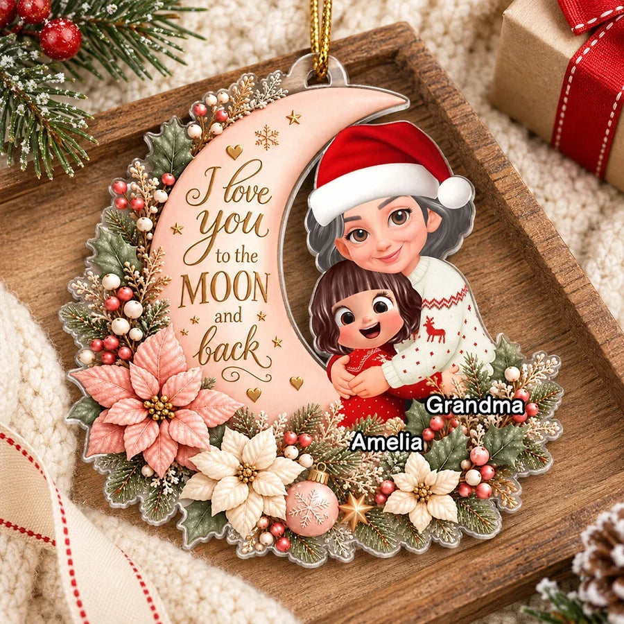 Personalized Acrylic Ornament, Hugging Grandma and Grandchild on a Soft Pink Moon, Unique Christmas Gift
