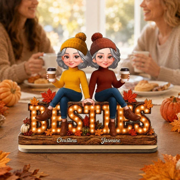 Personalized 2-Layer Wooden Plaque, Friends Holding Coffee in Autumn, Unique Gift for Best Friends