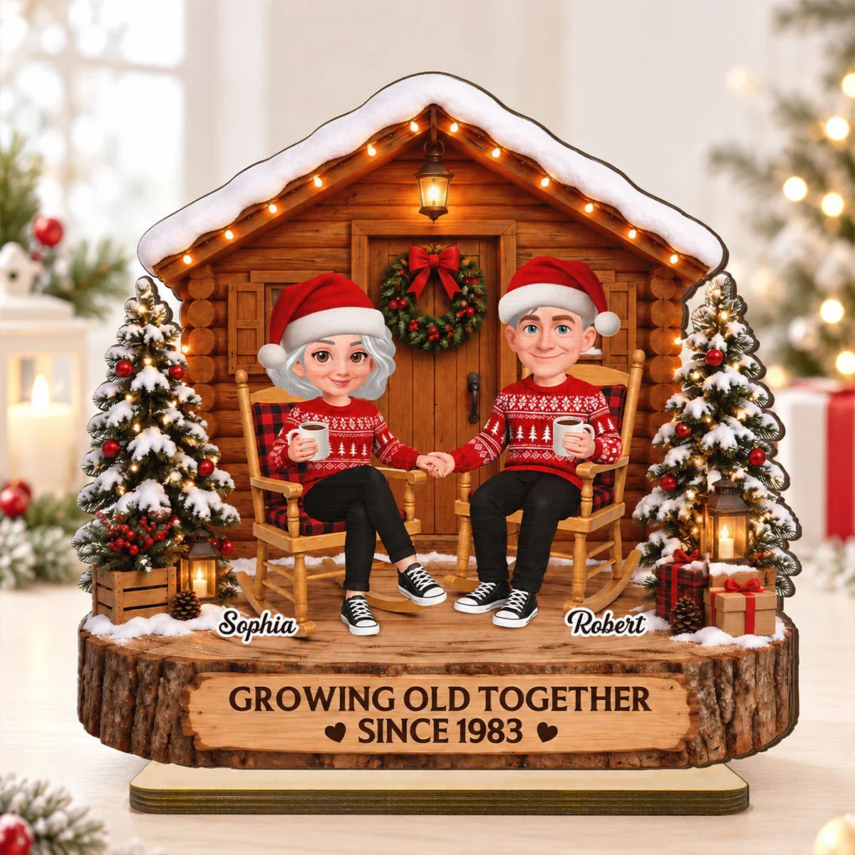 Personalized 2-Layer Wooden Plaque, Couple Holding Hands by a Christmas Cabin, Unique Anniversary Gift