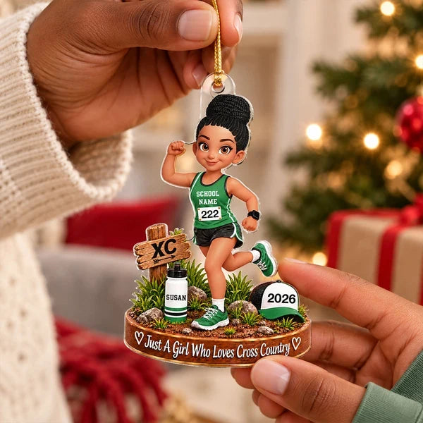 Personalized Acrylic Ornament, Colorful Cartoon Cross-Country Runner on a Trail, Unique Christmas Gift for Daughter