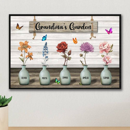 Grandma‘s Garden Birth Month Flowers Pots Personalized Horizontal Poster, Mother's Day Gift For Grandma, Mom, Auntie