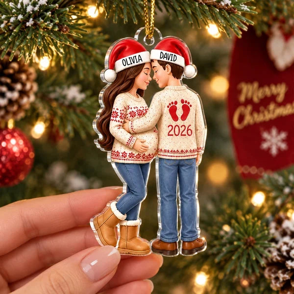 Personalized Acrylic Ornament, Embracing Expecting Couple by a Christmas Tree, Unique Gift for New Parents