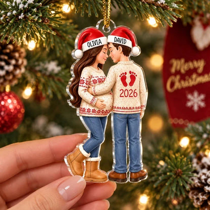 Personalized Acrylic Ornament, Embracing Expecting Couple by a Christmas Tree, Unique Gift for New Parents