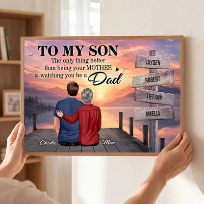 Personalized Poster for Son, Custom Family Signpost Sunset Lake Art, Unique Father's Day Gift from Mom